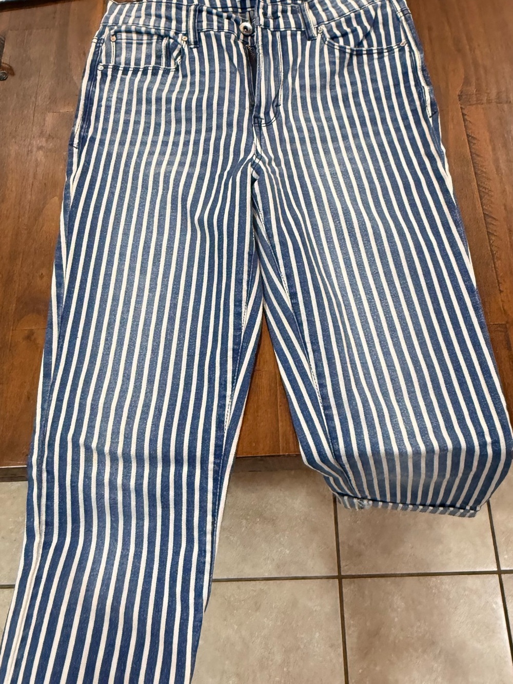 Kensie Blue and White Vertical-Stripe Straight-Leg Pants